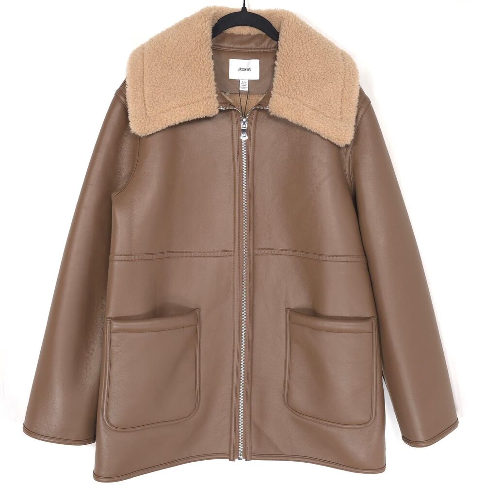 JASON WU New Women's Faux‎ Leather Coat Sherpa Lined Brown Jacket MEDIUM Chic